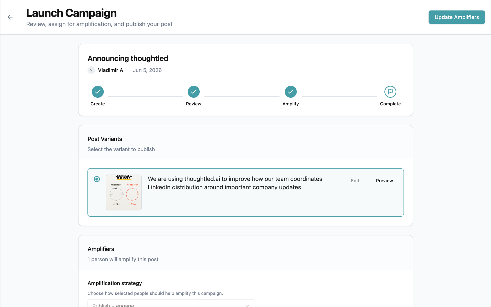 thoughtled.ai Launch Campaign workflow — coordinated employee amplification